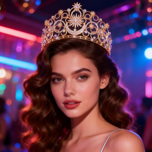 Crystal Crowns for Women, Crystal Bubble TiaraBride Royal Queen Headband Princess Headpieces for Women Bridal Wedding Prom Birthday Party Crowns - color: Golden Star & Moon Crown