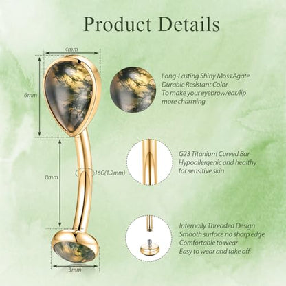 GAGABODY G23 Titanium Eyebrow Rings 16G Curved Barbell Lip Ring Rook Earrings for Women Belly Ring Vertical Labret Jewelry Tragus Helix Daith Earring Belly Piercing - color: 1Pc-Waterdrop Shape Gold+Moss Agate