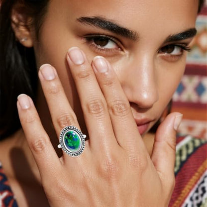 Retro Sterling Silver Stone Ring,Antique Natural Real Oval Crystal Quartz Gemstone Boho Bohemian Ring Jewelry for Women - color: A13_Green Blue Imperial Jasper