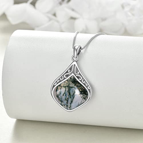 YAFEINI Teardrop Necklace Sterling Silver Filigree Irish Pendant Necklace Natural Stone Moonstone/Lapis Lazuli/Larimar/Moss Agate Necklace Jewelry - color: Moss agate teardrop necklace