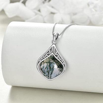 YAFEINI Teardrop Necklace Sterling Silver Filigree Irish Pendant Necklace Natural Stone Moonstone/Lapis Lazuli/Larimar/Moss Agate Necklace Jewelry - color: Moss agate teardrop necklace