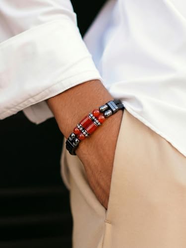 Mens Leather Turquoise/Tiger Eye/Obsidian/Lava Stone Bracelet–Braided Multi‑Layer Wristband Cuff Bangle Barcelet–Jewelry Box and Pouch Packing - color: Agate Onyx, size: 9in(Fits larger wrists)