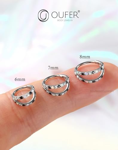 OUFER 20G Nose Rings for Women, 316L Surgical Steel Double Hoop Nose Piercing Jewelry, Opal and CZ Septum Lip Eyebrow Cartilage Conch Rook Helix Tragus Daith Earrings Piercing Jewelry-6/7/8MM - color: Black CZ