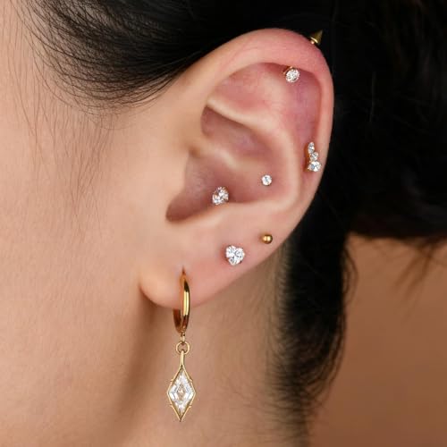 Hoop Earrings for Women, Stainless Steel Red Earrings, Hypoallergenic Trendy Cartilage Earrings for Lobe, Rhombus, Cubic Zirconia - color: 18K Gold Plated