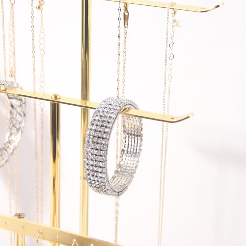 Necklace Bracelet Earring Holder Stand, Multi-Use Jewelry Display Organizer with Tray, T-Bar Metal Jewellery Organizer Stand, Jewelry Hanger Tower Rack for Women (Gold)