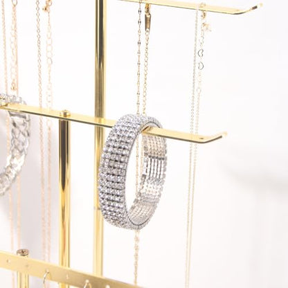 Necklace Bracelet Earring Holder Stand, Multi-Use Jewelry Display Organizer with Tray, T-Bar Metal Jewellery Organizer Stand, Jewelry Hanger Tower Rack for Women (Gold)