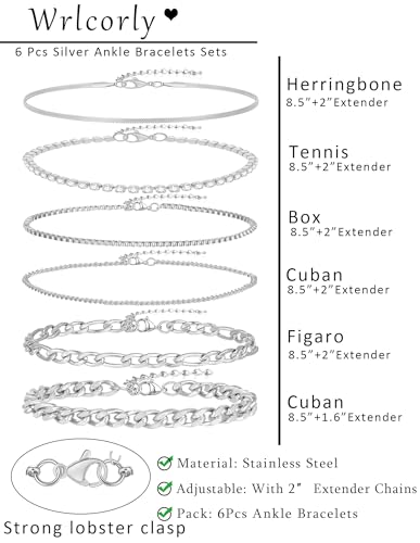 6PCS Ankle Bracelets for Women18K Gold Plated Stainless Steel Waterproof Layered Herringbone Figaro Bead Paperclip Rope Tennis Box Cuban Link Rolo Satellite Chain Anklets Set Gold Tone - style: C:Silver Tone