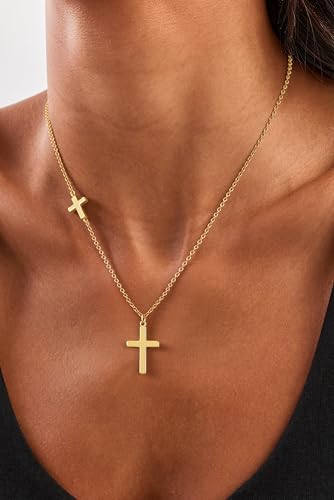 Cross Necklace for Women Dainty Small Cross Pendant Choker 14K Gold Plated Simple Trendy Cute Cross Charm Chain Necklace Easter Baptism Religious Faith Jewelry Gift - color: Two Cross-GD