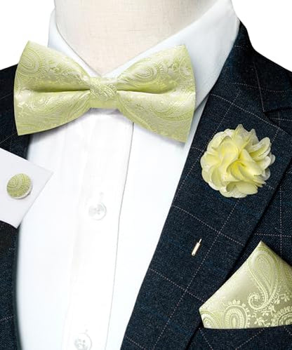 JEMYGINS Mens Paisley Bow Tie and Lapel Pin Necktie Pocket Square and Tie Clip with Sets for Business Casual 4PCS - color: Light Yellow