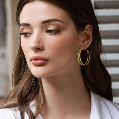 Large Thin Double Hoop Earrings for Women Lightweight Hypoallergenic 925 Sterling Silver Post 14K Gold Hoops Non Tarnish Sturdy Big Thin Double Layered Hoop Earrings 30/40/50/60mm - color: Gold, size: 40mm
