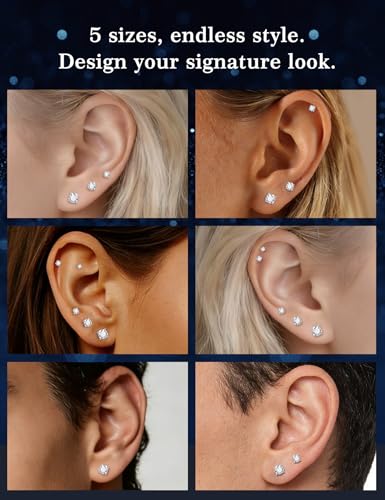 5 Pairs Moissanite Sterling Silver Stud Earrings Set for Women, Hypoallergenic, 2mm, 3mm, 4mm, 5mm - color: 18K White Gold