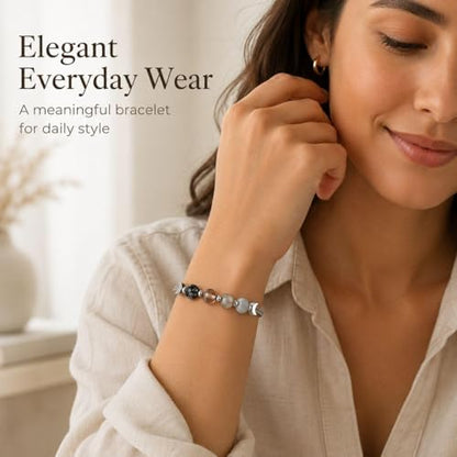 Moon Phase Bracelet for Women, Natural Stone Beaded Bracelet with Crescent Moon Charm, Black Grey White Stretch Bracelets with Message Card, Celestial Jewelry Gift for Women