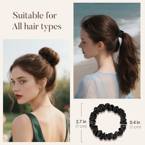 LULUSILK Small Silk Hair Ties No Damage, 100% Real Mulberry Silk, Skinny Scrunchies Ponytail Holders for Thin Fine Hair, Black, Pack of 3 - color: Black