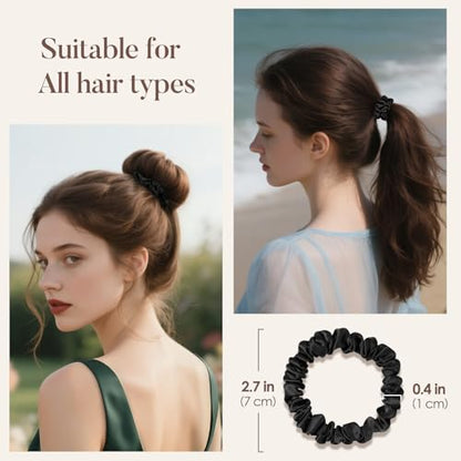 LULUSILK Small Silk Hair Ties No Damage, 100% Real Mulberry Silk, Skinny Scrunchies Ponytail Holders for Thin Fine Hair, Black, Pack of 3 - color: Black