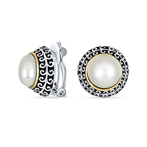 Bali Style Button Style Faux White Pearl, Black, Turquoise Clip On Earrings - color: White