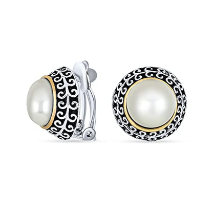 Bali Style Button Style Faux White Pearl, Black, Turquoise Clip On Earrings - color: White