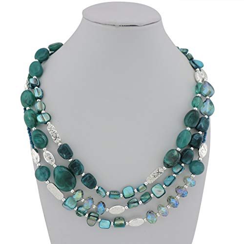 Coiris 3 Multi Layer Shell Glass Beaded Fashion Necklace for Women 21" - color: N0001-teal+silver