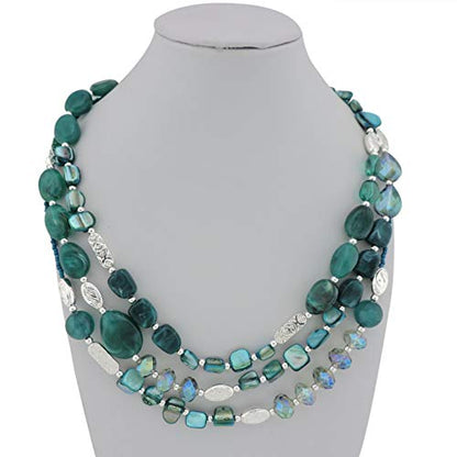 Coiris 3 Multi Layer Shell Glass Beaded Fashion Necklace for Women 21" - color: N0001-teal+silver