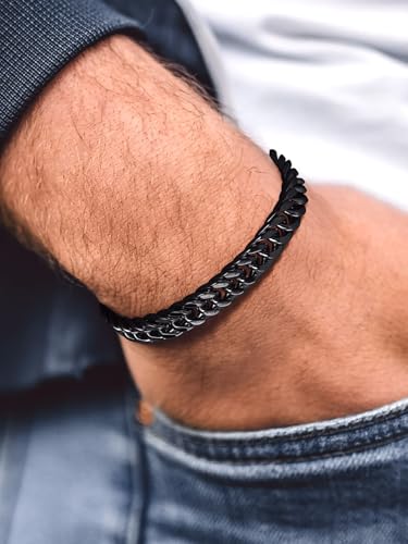Bandmax Cuban Bracelets for Men, Stainless Steel Link, 8/12/17mm Width | 7.5"/8.3"/9" Length, Miami Thick Hand Wristlet Chain, Steel/Black/Gold Tone, Hip Hop Waterproof Jewelry with Gift Box - color: Black