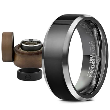 Men's Black Tungsten Carbide Wedding Band - Premium Grade Tungsten Black Wedding Band Beveled - Includes Silicon Band, Leather Drawstring Pouch, & Luxury Walnut Ring Box