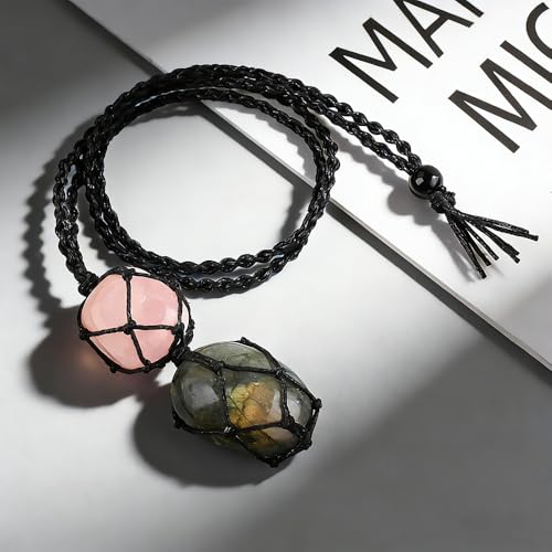 Anjiucc Handmade Crystal Cage Holder with Raw Gemstone Pendant Necklace Natural Stone Healing Crystal Necklace Adjustable Length - color: Labradorite+Rose Quartz