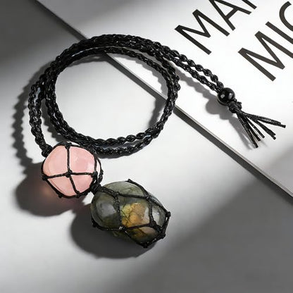 Anjiucc Handmade Crystal Cage Holder with Raw Gemstone Pendant Necklace Natural Stone Healing Crystal Necklace Adjustable Length - color: Labradorite+Rose Quartz