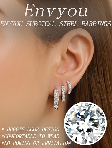 316L Surgical Steel Huggie Hoop Earrings | Dainty Pave Cubic Zirconia Cartilage Tiny Earring for Sensitive Ears Hypoallergenic Lightweight for Women Men - style: Silver,20G*8/10/12mm