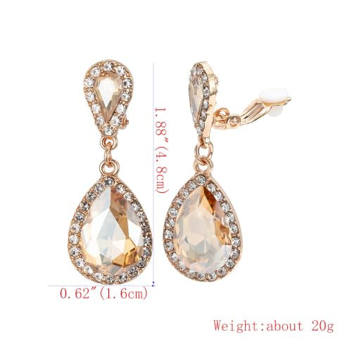 Classic Austrian Crystal Tear Drop Clip on Dangle Earrings for Women - color: Champagne,Gold