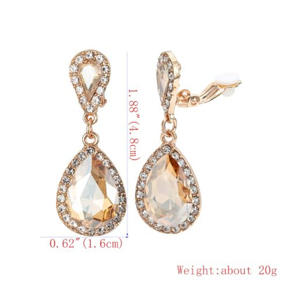 Classic Austrian Crystal Tear Drop Clip on Dangle Earrings for Women - color: Champagne,Gold