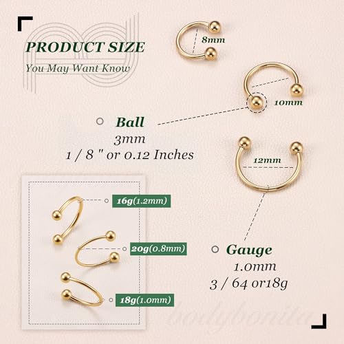 G23 Titanium 14/16/18/20G Septum Rings Horseshoe Nose Ring Jewelry | 2/3Pcs Circular Barbell Spike Lip Body Piercing Jewelry Conch Helix Tragus Earring Silver/Black 8/10/12mm 14K Gold Plated - color: Gold-3pcs, size: Balls-3pcs-18g-8/10/12mm