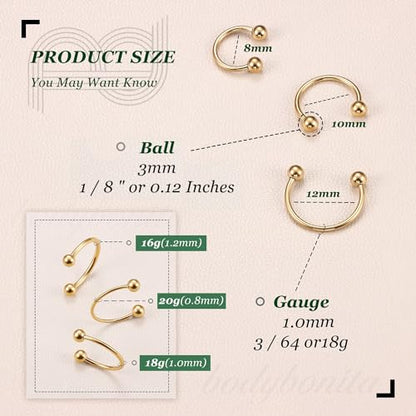 G23 Titanium 14/16/18/20G Septum Rings Horseshoe Nose Ring Jewelry | 2/3Pcs Circular Barbell Spike Lip Body Piercing Jewelry Conch Helix Tragus Earring Silver/Black 8/10/12mm 14K Gold Plated - color: Gold-3pcs, size: Balls-3pcs-18g-8/10/12mm