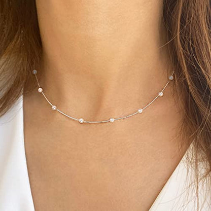 Gold Pearl Necklace For Women - 14K Gold Plated Layered Herringbone Chain Pearl Necklace, Trendy Simple Gold Jewelry Gift - color: Satellite Pearl-Silver