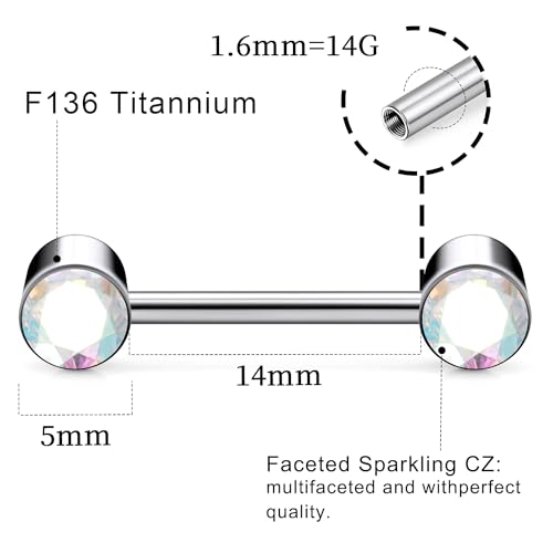 14G ASTM F136 Titanium Nipple Piercing Jewelry Round CZ Nipple Barbell Jewelry Internally Threaded G23 Solid Titanium Nipple Piercing Barbell Ring Jewelry for Women Men 14 Gauge - style: AB CZ