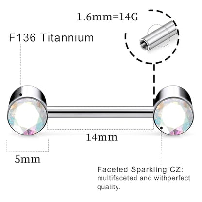 14G ASTM F136 Titanium Nipple Piercing Jewelry Round CZ Nipple Barbell Jewelry Internally Threaded G23 Solid Titanium Nipple Piercing Barbell Ring Jewelry for Women Men 14 Gauge - style: AB CZ