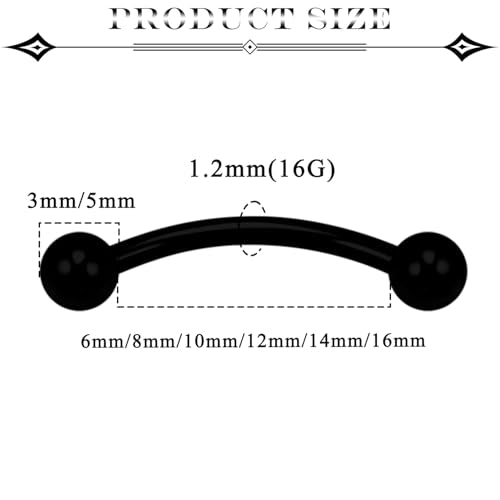 Eyebrow Piercing Jewelry Surgical Steel Vertical Labret Lip Jewelry Curved Barbell Tiny Eyebrow Rings Ear Rook Navel Small Belly Button Ring for Women Men 16g 6mm/8mm/10mm/12mm/14mm/16mm - color: black,ball