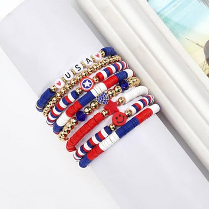Ardorchid Halloween Bracelets for Women Pumpkin Ghost Steleton Bat Skull Beaded Stackable Stretchy Bracelet Rugby Thanksgiving Christmas Heishi Bracelets - color: USA Bracelet -E