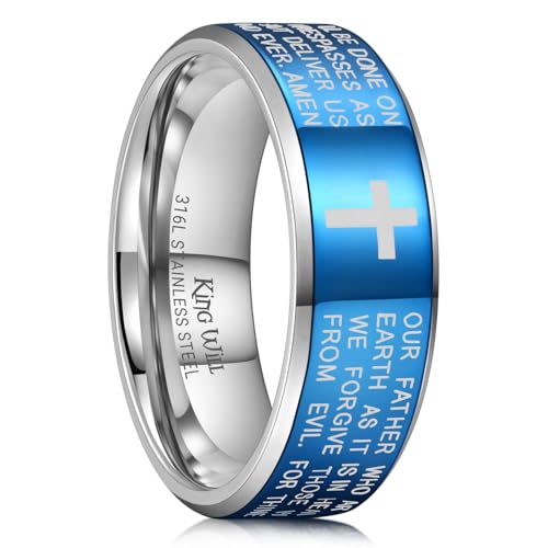 King Will Stainless Steel Men Ring Lord's Prayer Cross Ring Stainless Steel Men Wedding Ring, Wedding Band Bible Engraved Rings High Polished, Comfort Fit | 8mm, Gold/Silver/Black Wedding Band, Bible Engraved Rings, High Polished, Comfort Fit, Size 7-14 -