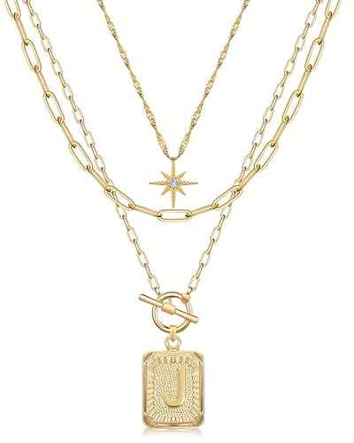 MJartoria Layered Initial Necklaces for Women | 14K Gold Plated Brass, Star Choker, Square Letter Pendant, Paperclip Chain - color: Gold, style: J