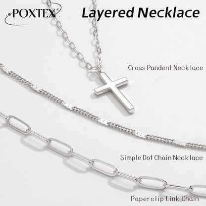 Poxtex Layered Gold Necklaces for Women, Stackable Dainty 14K Gold Silver Plated Trendy Simple Heart Diamond Cross Bow Circle Pendant Paperclip Choker Dot Chain Necklace,Jewelry Set Gifts for Women - color: Silver, style: Cross1