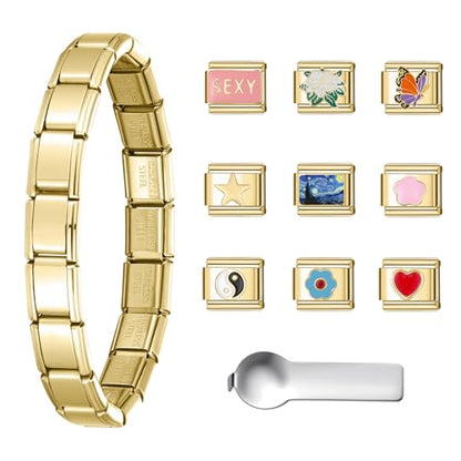 Stainless Steel Italian Charm Bracelet, 18 Link Starter Bracelet 9mm Charms | Italian Charm Bracelet with 9Pcs/20Pcs Charms and Opening Tools, Classic 9mm Modular Charm, Personalized Jewelry Gift - color: D-Gold