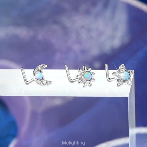 MeIighting 3pcs 20G L-Shaped Nose Ring Set, 7mm Star and Moon Nose Studs, Stainless Steel 316L Nose Jewelry with White Opal and Zircon, Celestial Nose Piercing Jewelry for Women