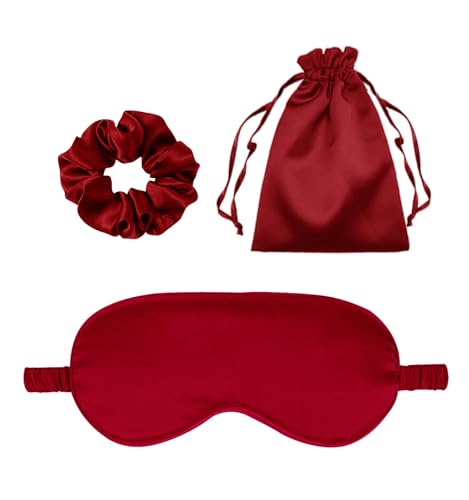 3Pcs Satin Eye Mask Silk Sleep Masks Set Silky Blindfold Eyeshade Blackout Eyes Cover Pouches Bag Scrunchy Wedding Gift - color: Dark Red