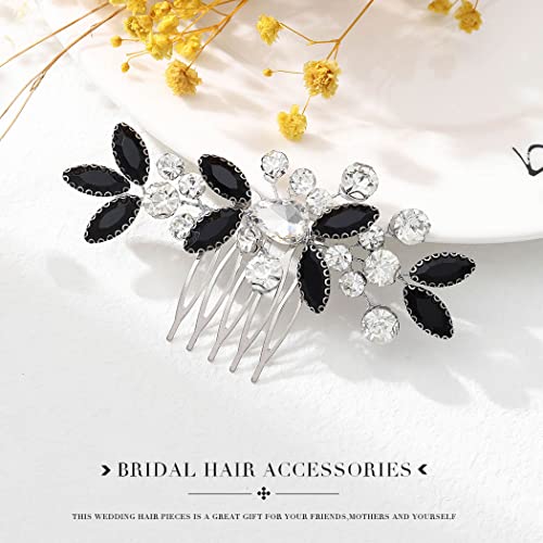 Catery Rhinestone Bride Wedding Hair Comb Black Crystal Side Comb Bridal Hair Piece Leaf Headpiece Bridesmaid Hair Accessories for Women and Girls - color: Black