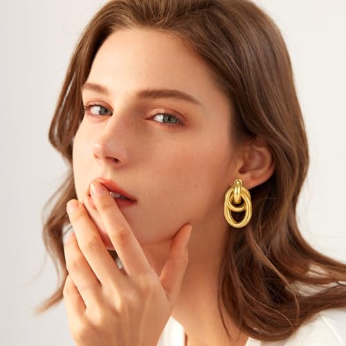 Gold Chunky Earrings for Women Geometric Knot Link Drop Dangle Earrings 14K Gold Plated Statement Earrings Trendy Gold Jewelry - color: Style 1