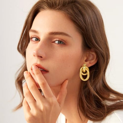 Gold Chunky Earrings for Women Geometric Knot Link Drop Dangle Earrings 14K Gold Plated Statement Earrings Trendy Gold Jewelry - color: Style 1