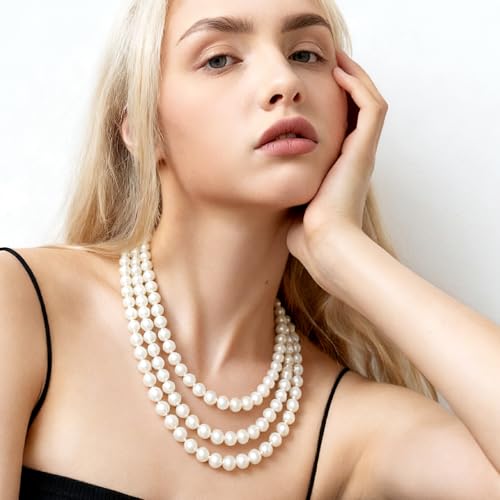 Kerros 150cm Fake Pearl Necklace for Women, 8mm Layered Strand, White | Long White Imitation Pearl Strand, 8mm Plastic Beads for Weddings, Halloween, Costumes and Parties