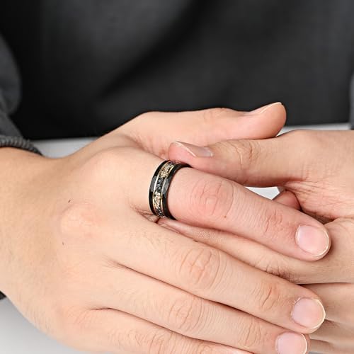 Mens Tungsten Carbide Wedding Bands 8mm Black Hammered Edge Gold Foil Inly Durable Scratch Proof Stainless Steel Cool Promise Ring for Him Comfort Fit - color: Black-8mm