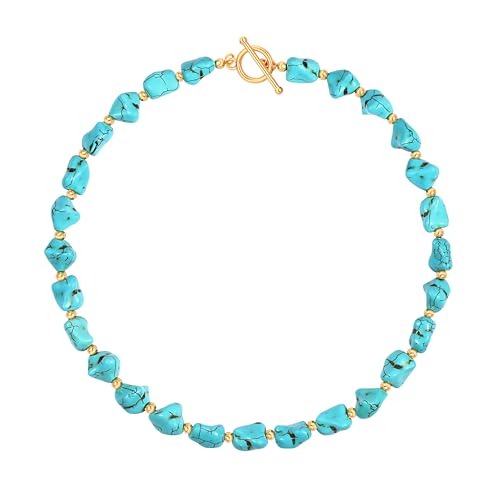 Aobei Pearl Gemstone Beaded Choker Necklace for Women Boho Turquoise/Cultured Freshwater Pearls/Garnet/Amazonite Jewelry - color: Q Green-blue Irregular Turquoise