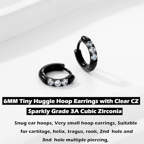 Hypoallergenic Unisex Surgical Steel Small Cubic Zirconia Huggie Hoop Earring, Color Gold - Silver - Rose Gold - Black - Rainbow, Size 6mm- 12mm Safe for Sensitive Ear - style: A01 : 6MM Black Hoops(2mm thickness)