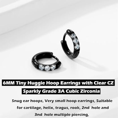 Hypoallergenic Unisex Surgical Steel Small Cubic Zirconia Huggie Hoop Earring, Color Gold - Silver - Rose Gold - Black - Rainbow, Size 6mm- 12mm Safe for Sensitive Ear - style: A01 : 6MM Black Hoops(2mm thickness)